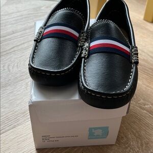 Elephantito Black Leather Loafers with Red-White-Blue Stripe